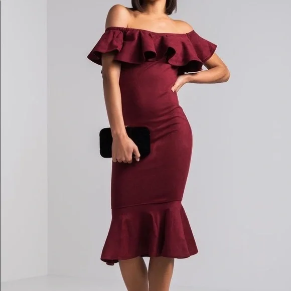 AKIRA | Dresses | Akira Off Shoulder Ruffle Burgundry Dark Red Midi Bodycon  Cocktail Dress Formal | Poshmark